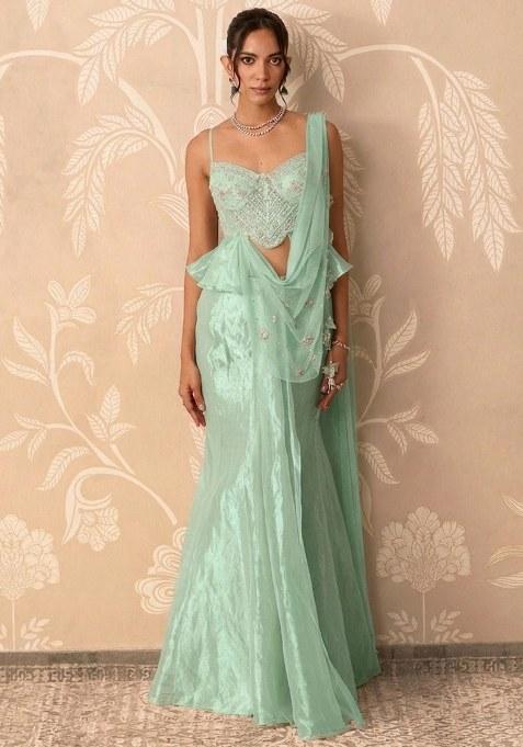 Mint Green Organza Handwork Pre Draped Saree Set