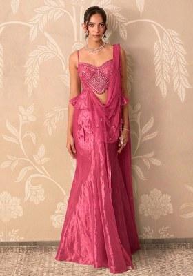 Pink Organza Handwork Pre Draped Saree Set
