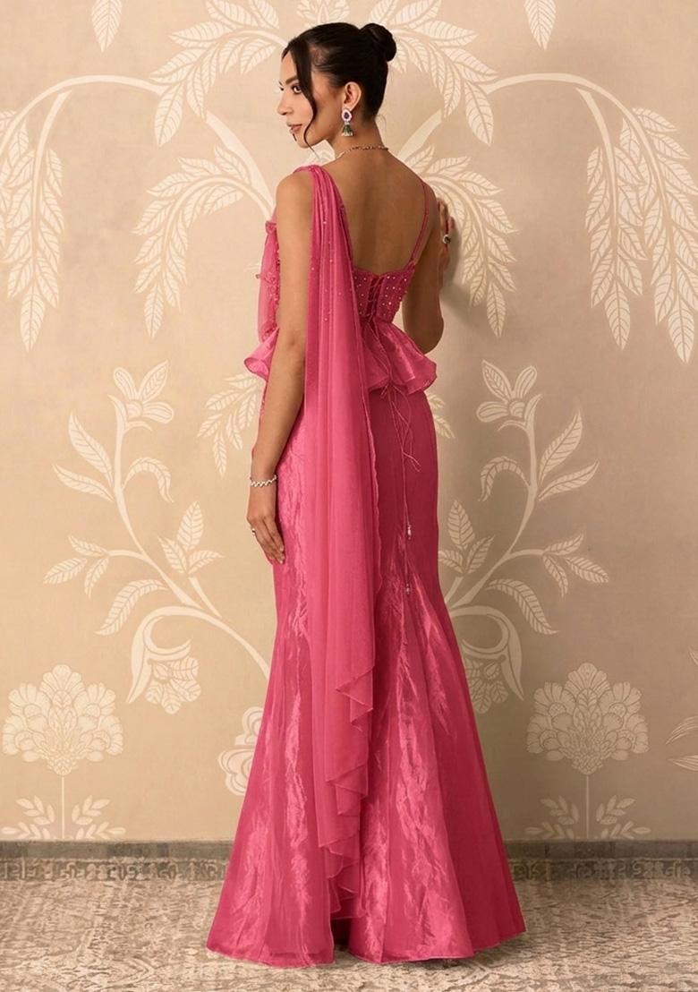 Pink Organza Handwork Pre Draped Saree Set - Indya