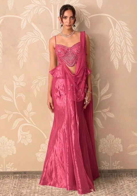 Pink Organza Handwork Pre Draped Saree Set