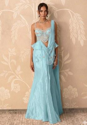 Light Blue Organza Handwork Pre Draped Saree Set