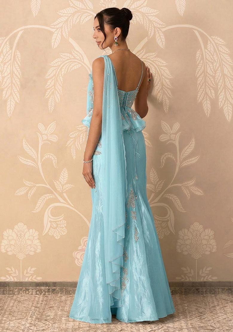 Light Blue Organza Handwork Pre Draped Saree Set - Indya