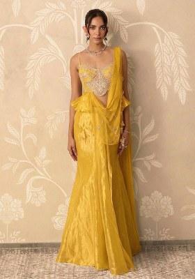 Yellow Organza Handwork Pre Draped Saree Set