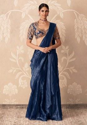 Dark Blue Organza Handwork Pre Draped Saree Set