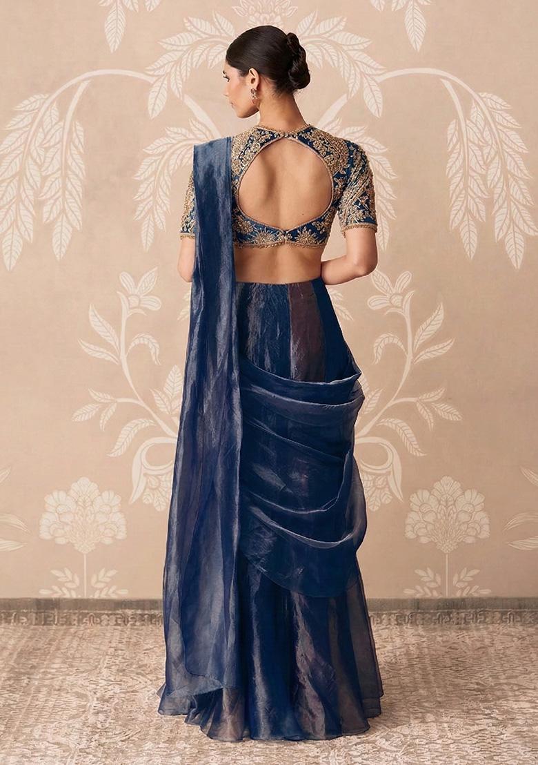 Dark Blue Organza Handwork Pre Draped Saree Set - Indya