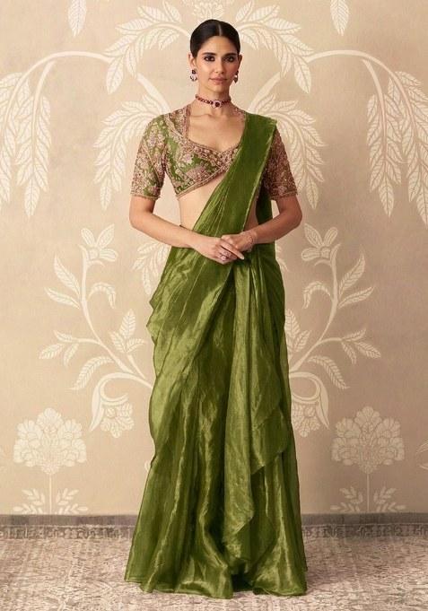 Olive Green Organza Handwork Pre Draped Saree Set — view on Indya