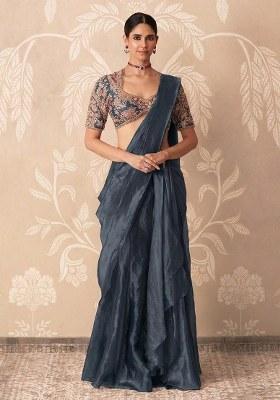 Grey Organza Handwork Pre Draped Saree Set