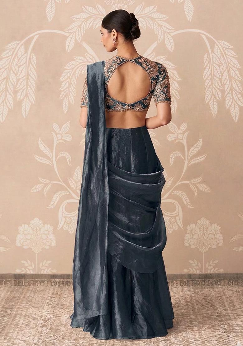 Grey Organza Handwork Pre Draped Saree Set - Indya