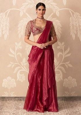 Wine Red Organza Handwork Pre Draped Saree Set
