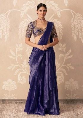 Purple Organza Handwork Pre Draped Saree Set