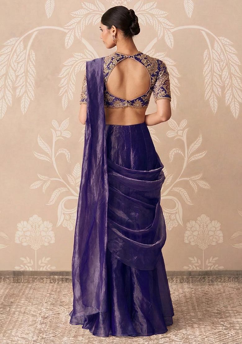 Purple Organza Handwork Pre Draped Saree Set - Indya