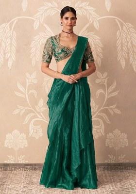 Teal Green Organza Handwork Pre Draped Saree Set