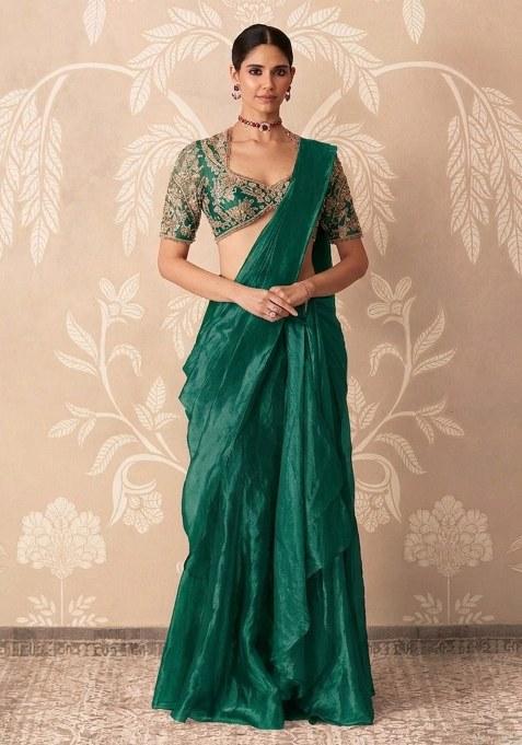 Teal Green Organza Handwork Pre Draped Saree Set