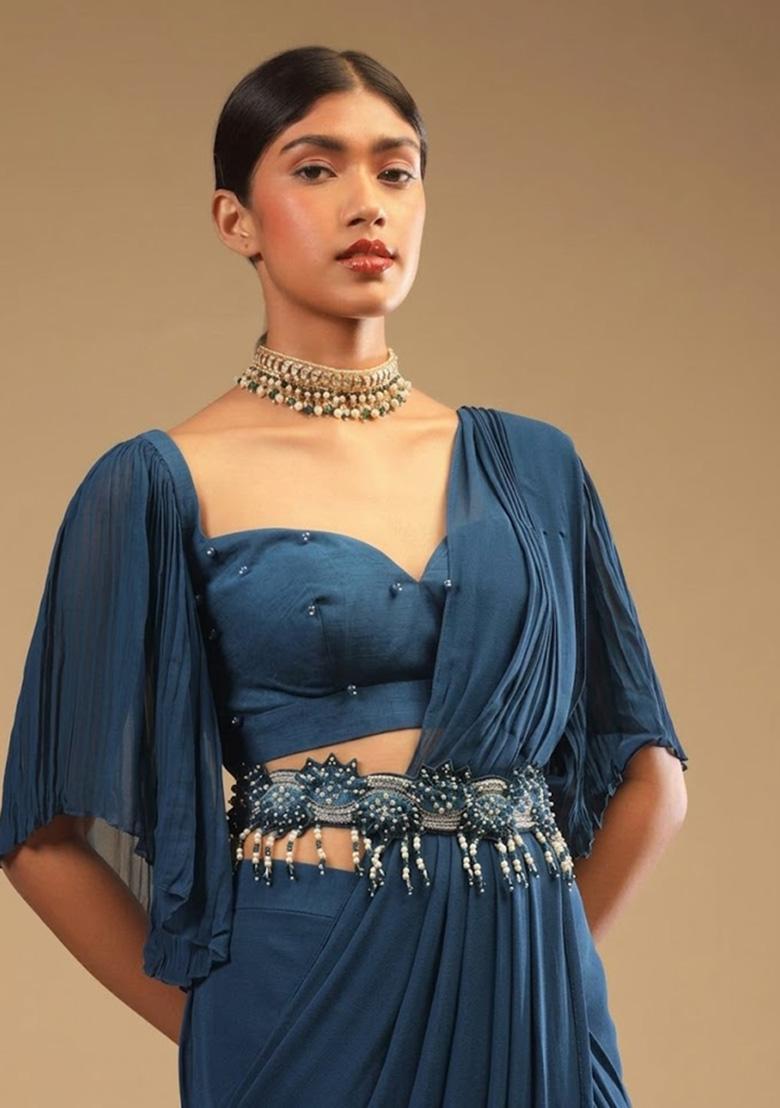 Deep Blue Georgette Handwork Pre Draped Saree Set - Indya