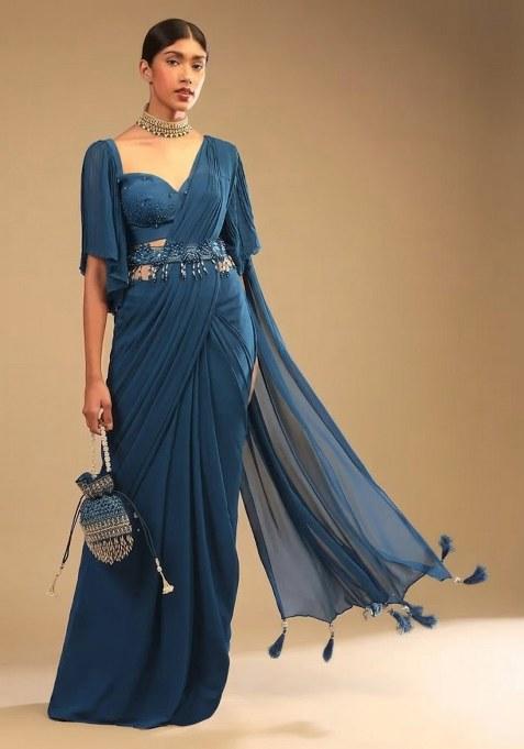 Deep Blue Georgette Handwork Pre Draped Saree Set