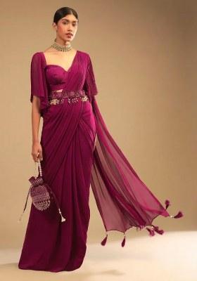 Hot Pink Georgette Handwork Pre Draped Saree Set