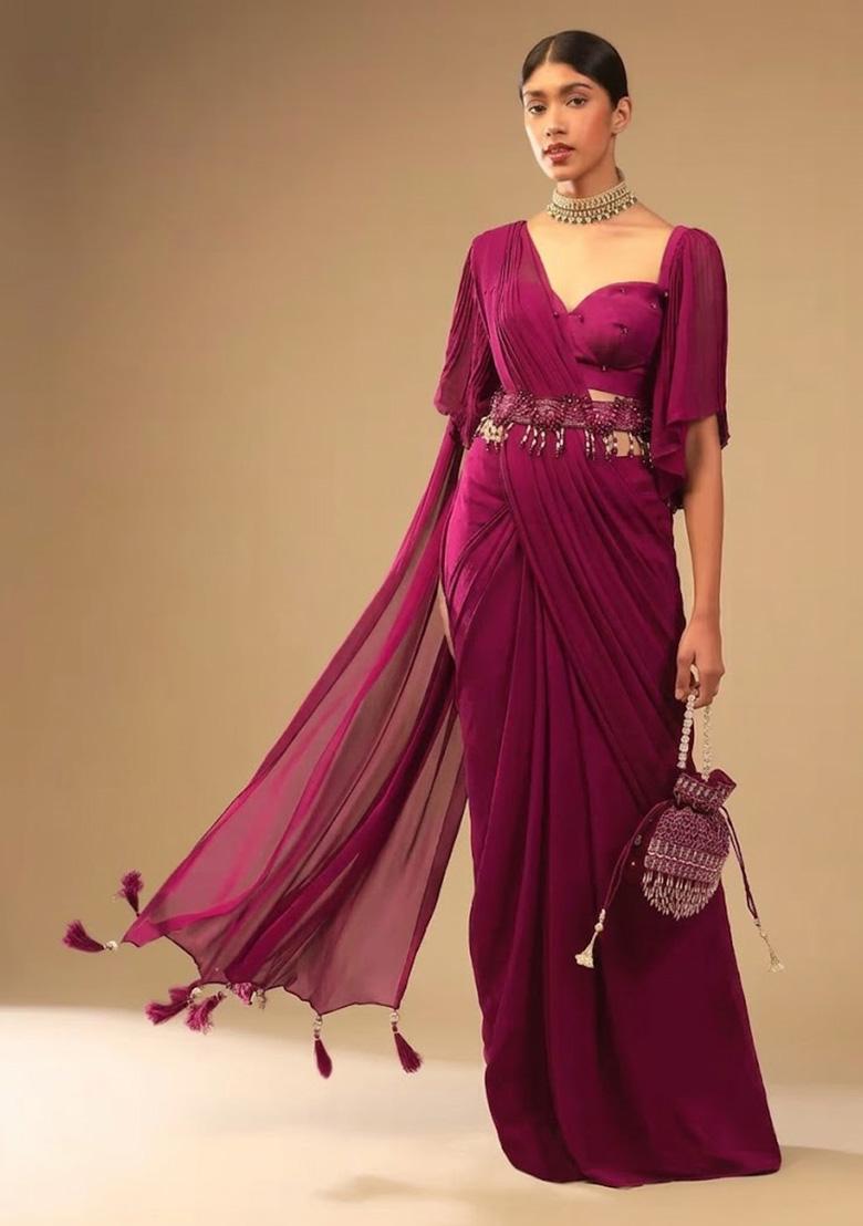 Hot Pink Georgette Handwork Pre Draped Saree Set - Indya