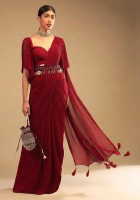 Red Georgette Handwork Pre Draped Saree Set