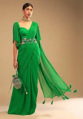 Green Georgette Handwork Pre Draped Saree Set