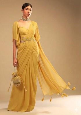 Yellow Georgette Handwork Pre Draped Saree Set
