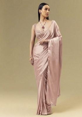 Soft Pink Satin Handwork Pre Draped Saree Set