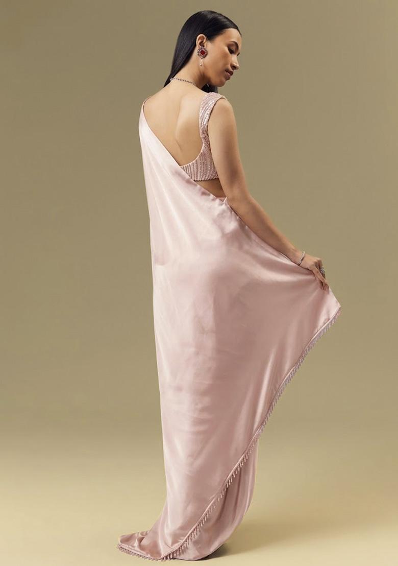 Soft Pink Satin Handwork Pre Draped Saree Set - Indya