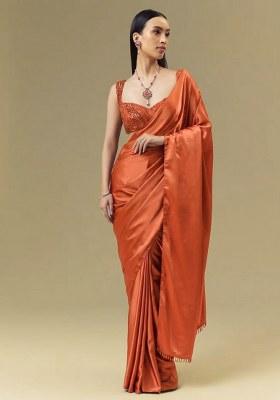 Rust Satin Handwork Pre Draped Saree Set