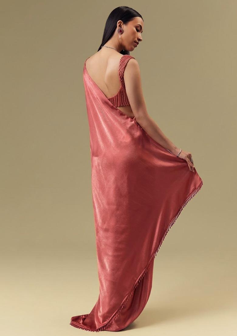 Copper Red Satin Handwork Pre Draped Saree Set - Indya