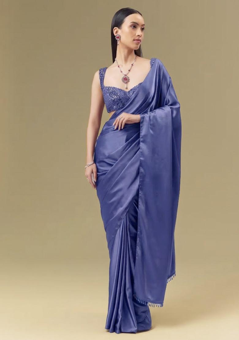 Navy Blue Satin Handwork Pre Draped Saree Set - Indya
