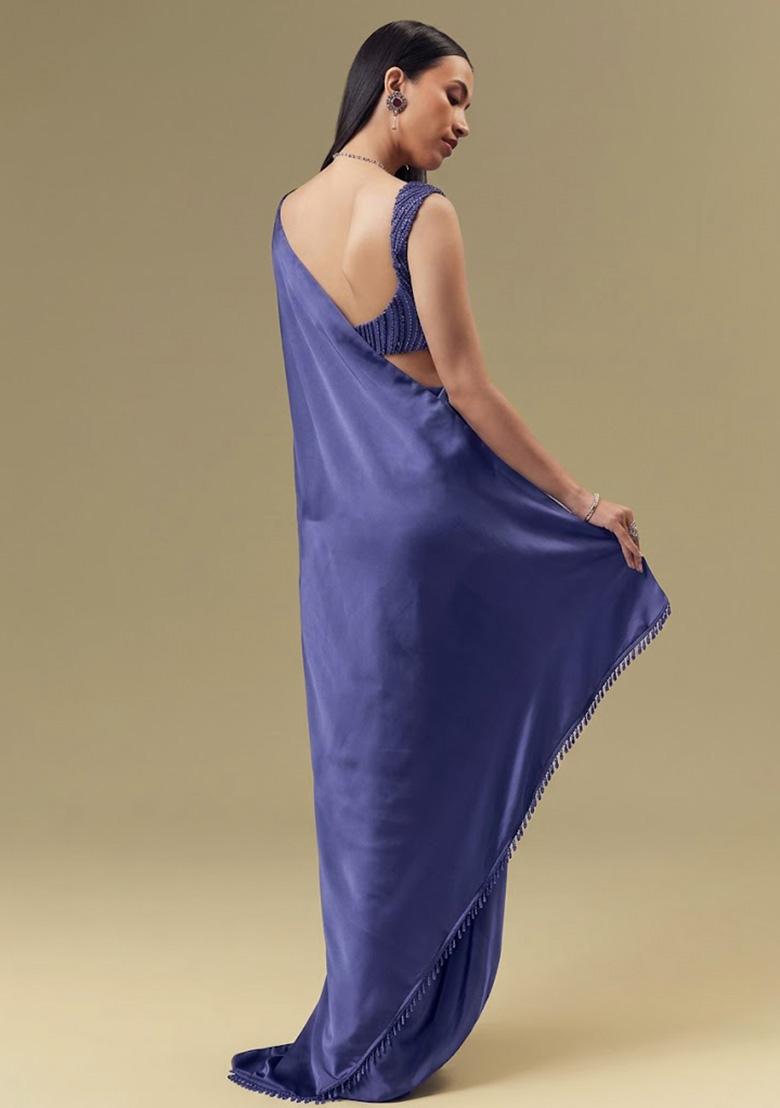 Navy Blue Satin Handwork Pre Draped Saree Set - Indya