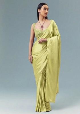 Light Green Satin Handwork Pre Draped Saree Set