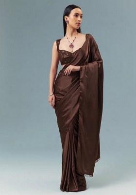 Brown Satin Handwork Pre Draped Saree Set