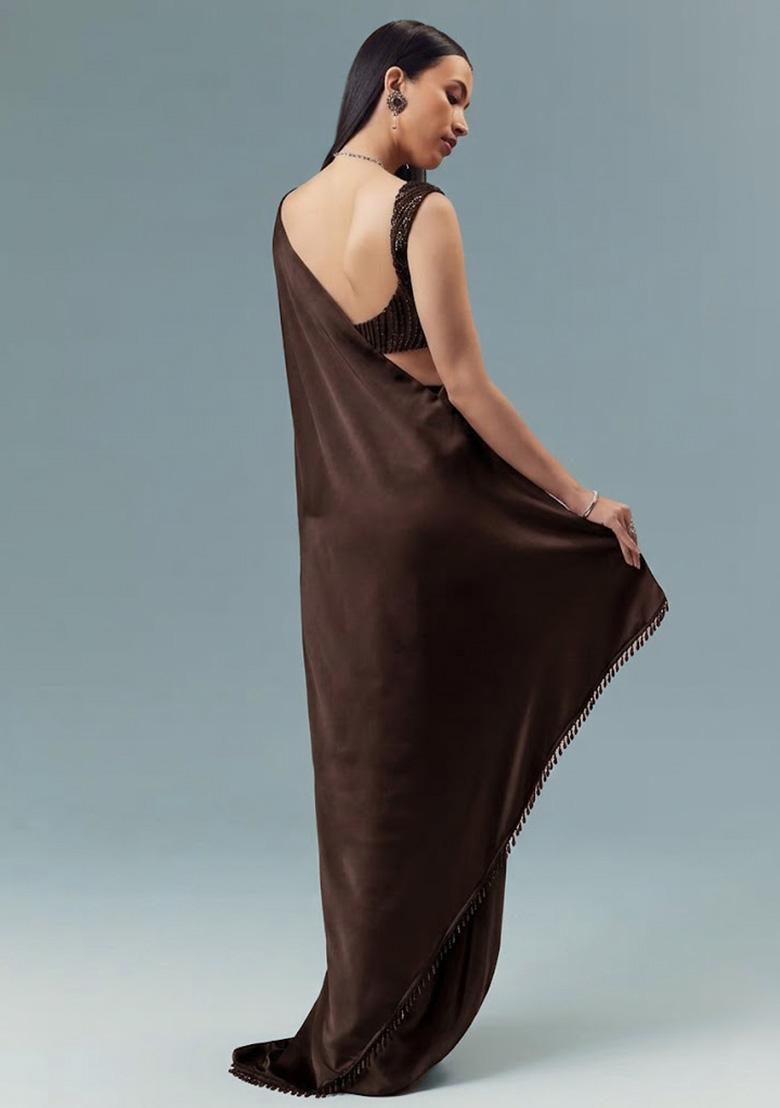 Brown Satin Handwork Pre Draped Saree Set - Indya