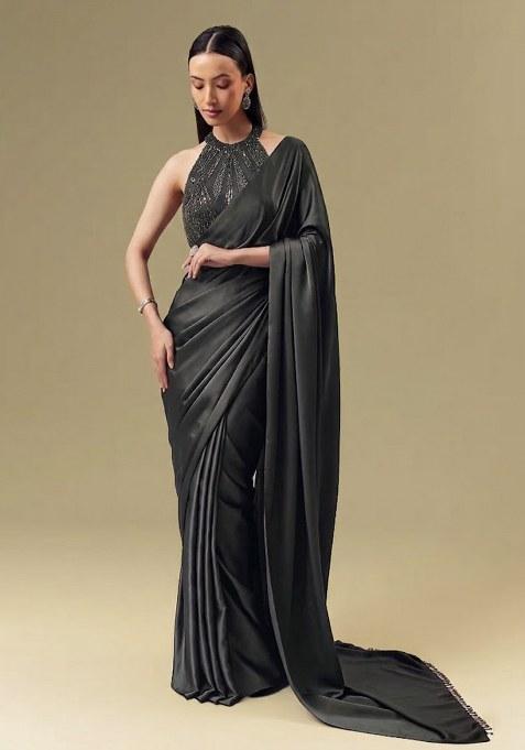 Black Satin Handwork Pre Draped Saree Set