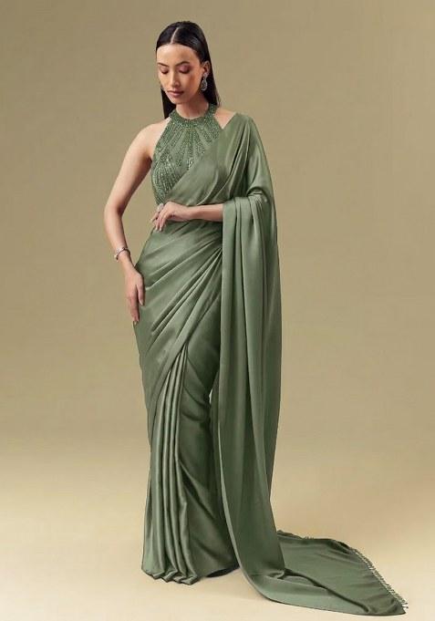 Sage Green Satin Handwork Pre Draped Saree Set