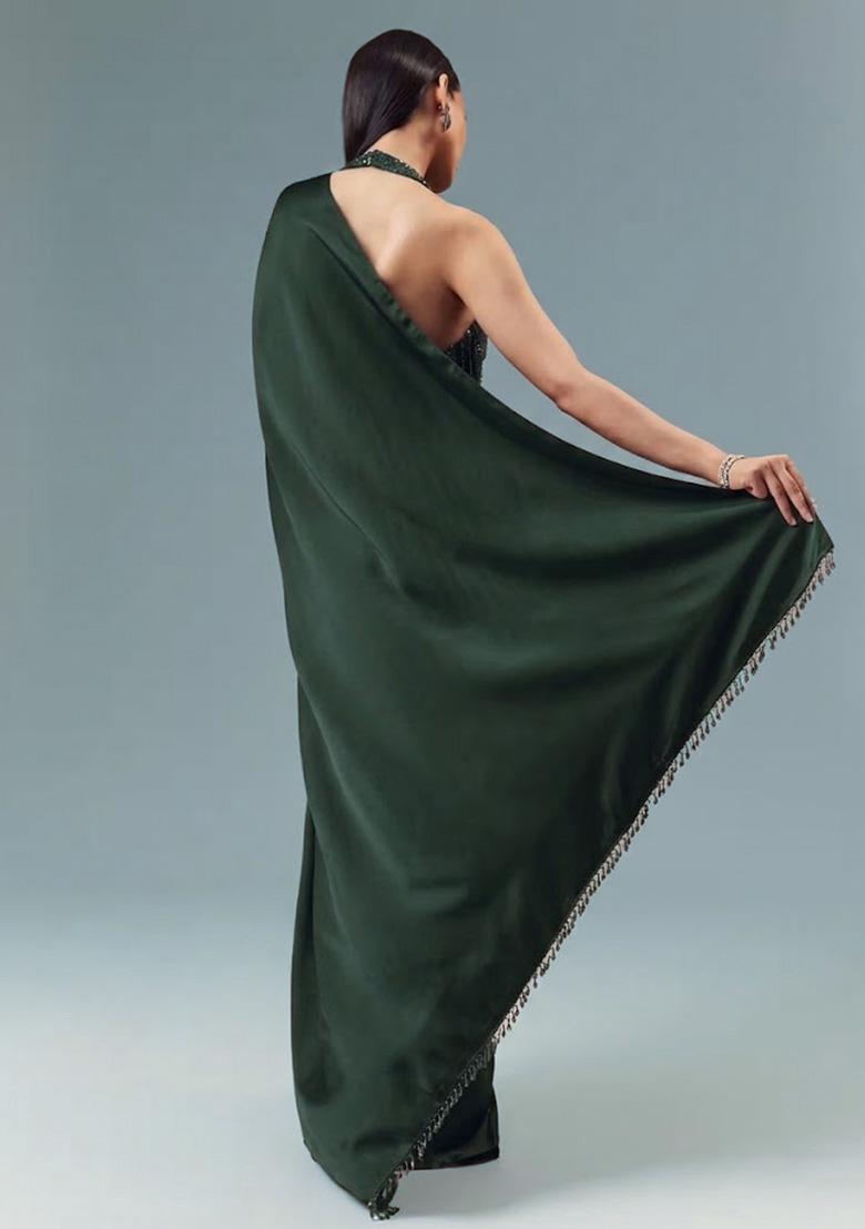 Bottle Green Satin Handwork Pre Draped Saree Set - Indya