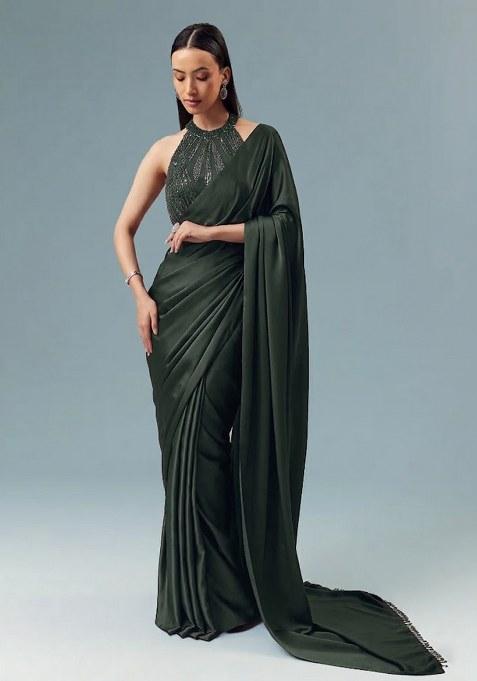 Bottle Green Satin Handwork Pre Draped Saree Set