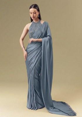Slate Blue Satin Handwork Pre Draped Saree Set