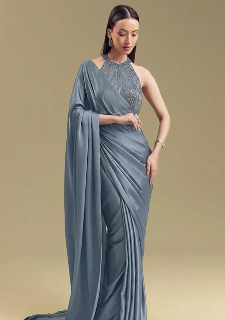 Slate Blue Satin Handwork Pre Draped Saree Set - Indya
