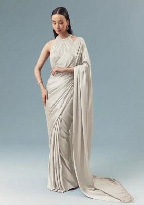 Grey Satin Handwork Pre Draped Saree Set