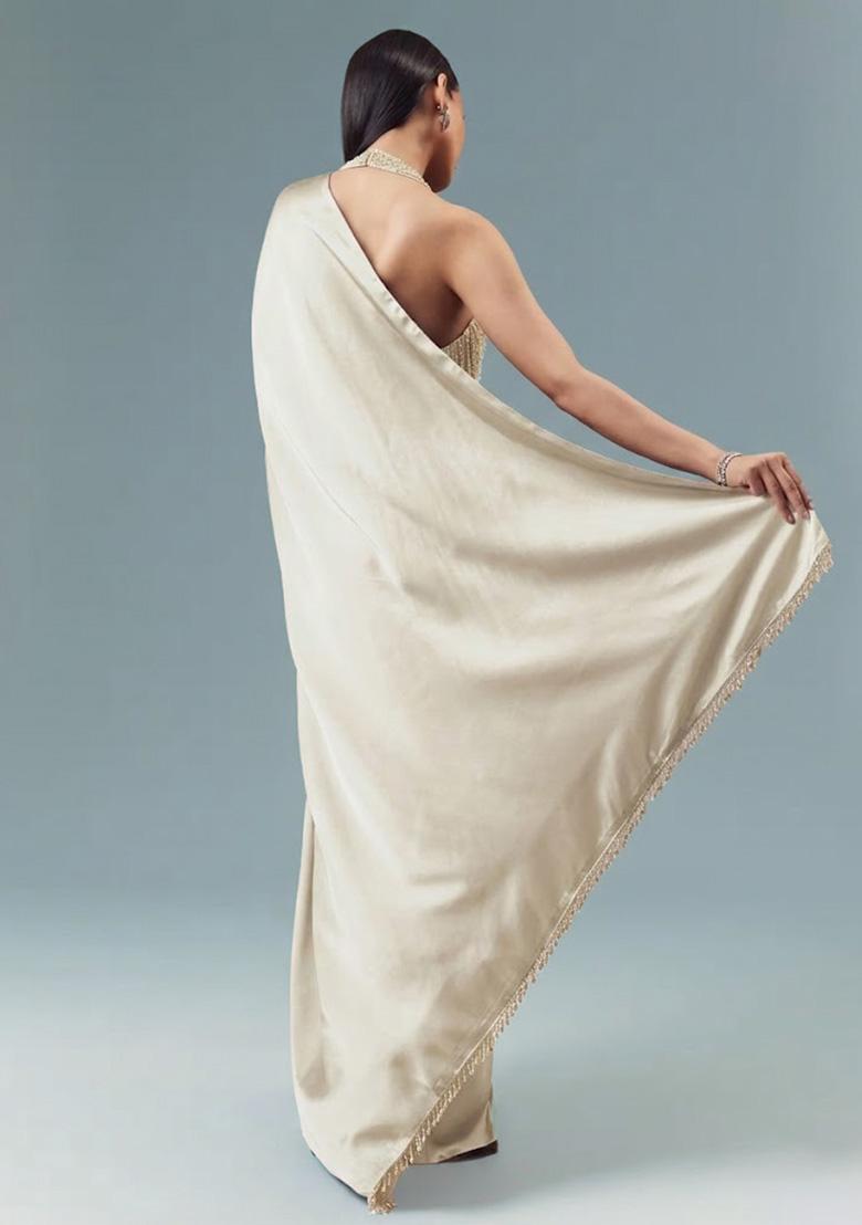 Grey Satin Handwork Pre Draped Saree Set - Indya