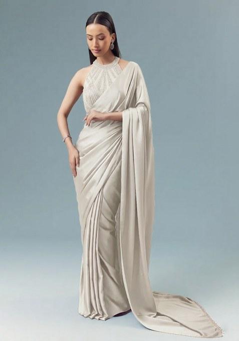 Grey Satin Handwork Pre Draped Saree Set