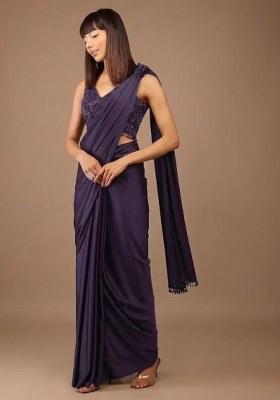 Purple Satin Handwork Pre Draped Saree Set