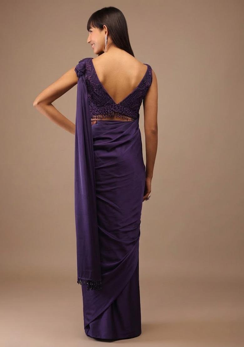 Purple Satin Handwork Pre Draped Saree Set - Indya