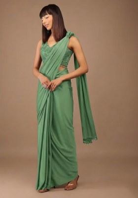 Green Satin Handwork Pre Draped Saree Set