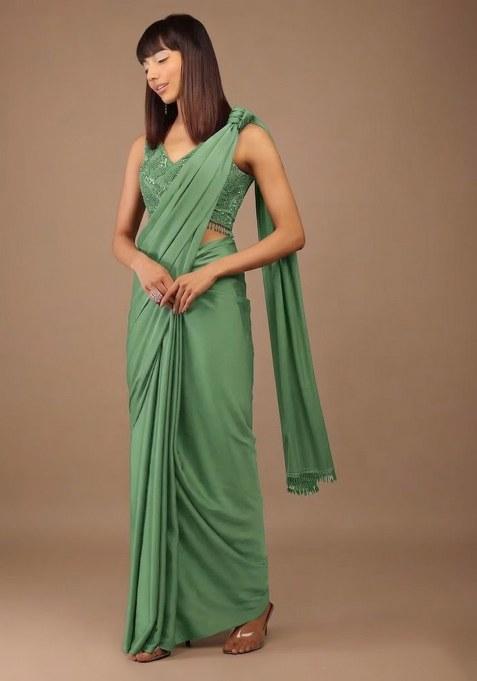 Green Satin Handwork Pre Draped Saree Set