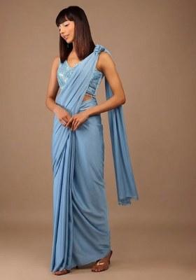 Pastel Blue Satin Handwork Pre Draped Saree Set