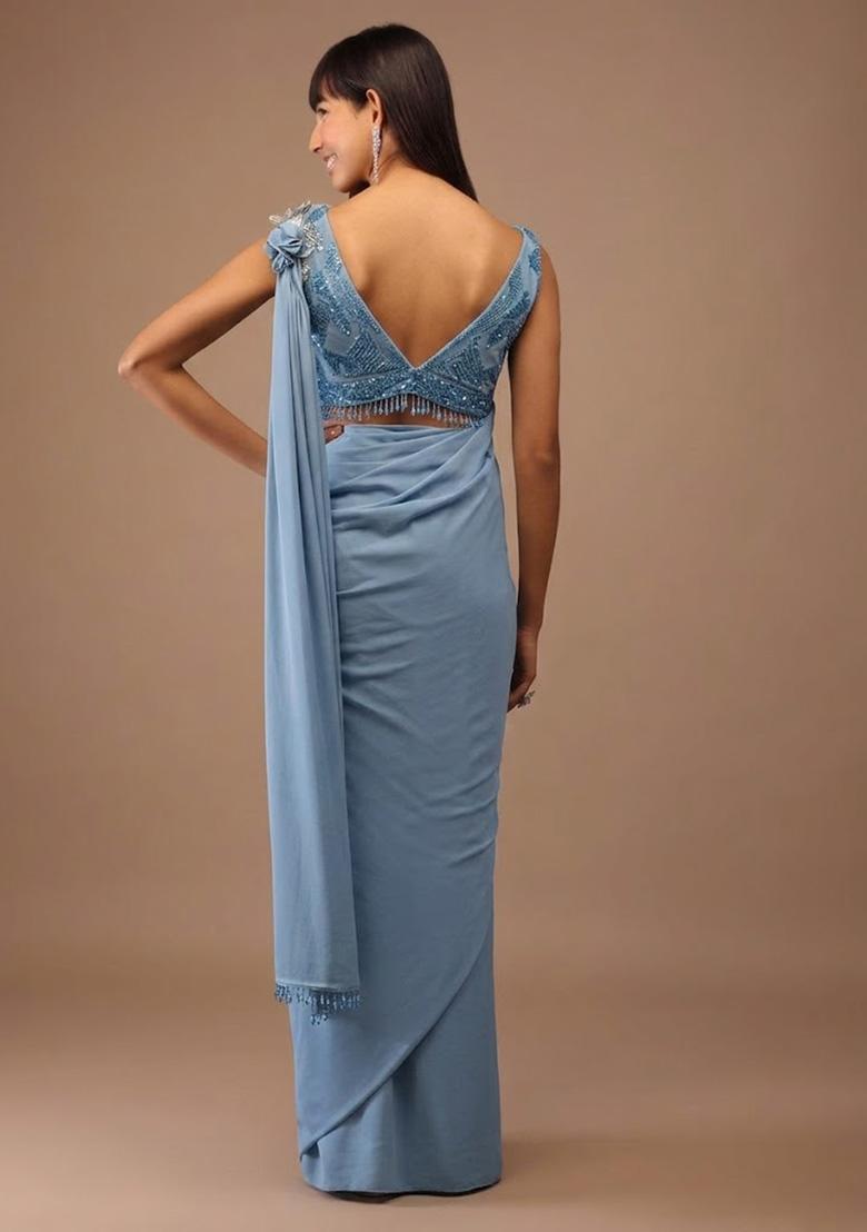 Pastel Blue Satin Handwork Pre Draped Saree Set - Indya