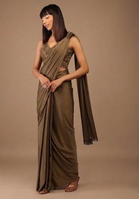 Brown Satin Handwork Pre Draped Saree Set