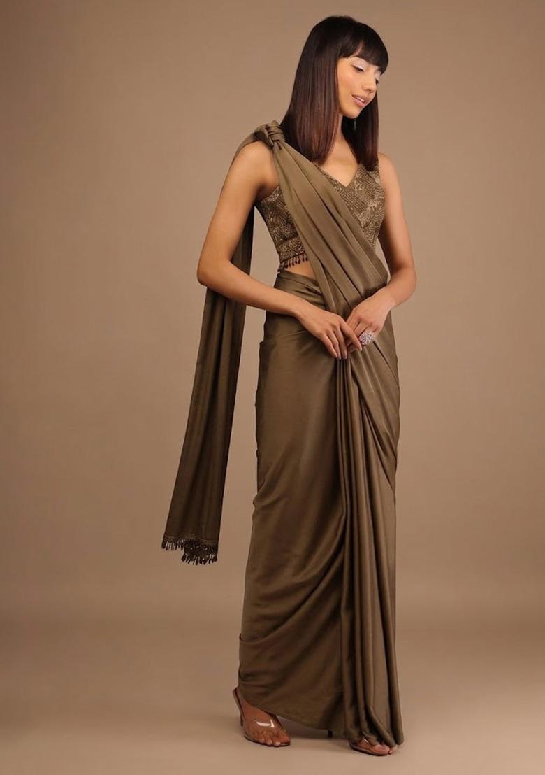 Brown Satin Handwork Pre Draped Saree Set - Indya